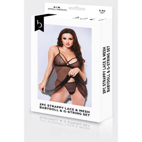 Baci 2 piece Strappy Lace & Mesh Babydoll & G-String Set - Babydolls and Chemises