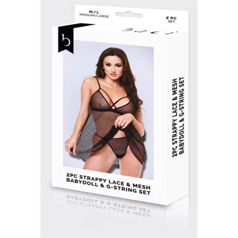 Baci 2 piece Strappy Lace & Mesh Babydoll & G-String Set - Babydolls and Chemises