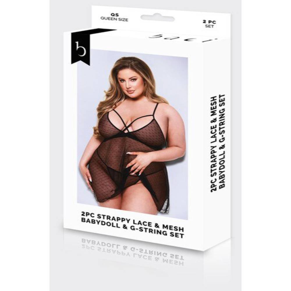 Baci 2 piece Strappy Lace & Mesh Babydoll & G-String Set Babydolls and Chemises