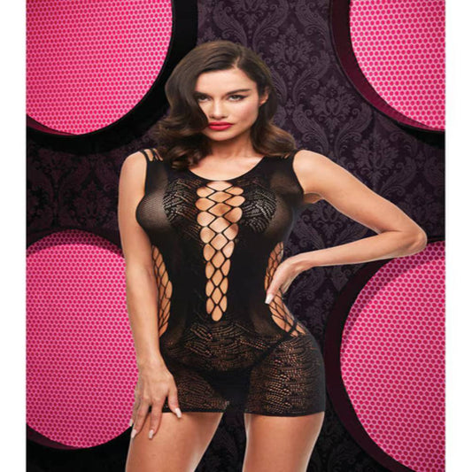 Lapdance Lingerie Lace And Fishnet Halter Dress Black - Body Stockings