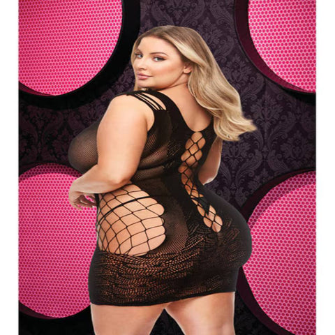 Lapdance Lingerie Lace And Fishnet Halter Dress Black - Body Stockings