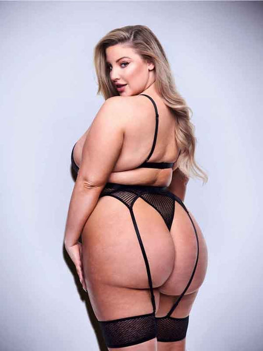 Baci 3 Piece Strappy Bra Garter & Panty Set Queen Black - Bras and Bra Sets