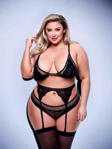 Baci 3 Piece Lace & Mesh Bra Garter & Panty Set Queen Black - Bras and Bra Sets
