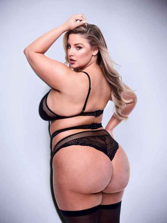 Baci 3 Piece Lace & Mesh Bra Garter & Panty Set Queen Black - Bras and Bra Sets