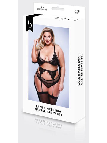 Baci 3 Piece Lace & Mesh Bra Garter & Panty Set Queen Black - Bras and Bra Sets