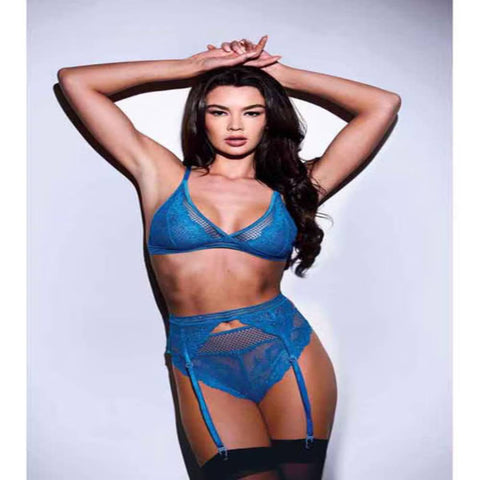 Baci 3 Piece Lace & Mesh Bra Garter & Panty Set Blue - Bras and Bra Sets