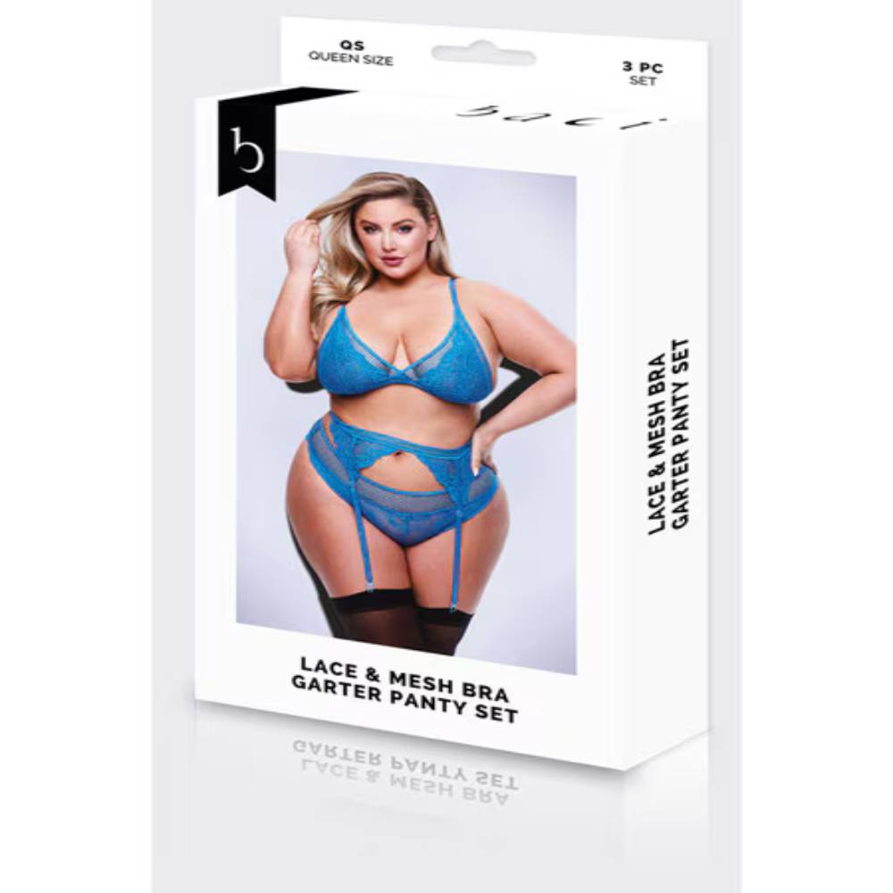 Baci 3 Piece Lace & Mesh Bra Garter & Panty Set Blue Bras and Bra Sets