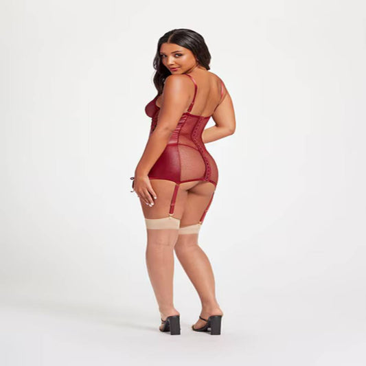 Seven Til Midnight Midnight Love Vegan Leather Two Piece Chemise and Panty Set Wine - Babydolls and Chemises