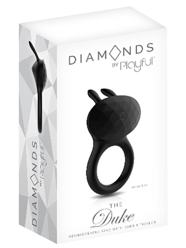 Playful Diamonds The Duke Rechargeable Cock Ring with Rabbit Tickler Black Rabbit Vibrators