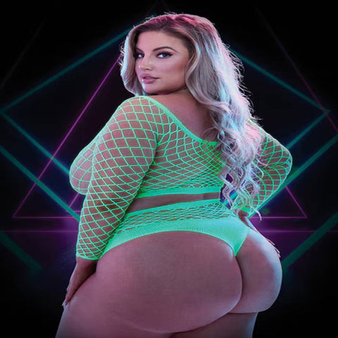 Lapdance Lingerie 2 Piece Glow In The Dark Long Sleeve Crop Top and Panty Set - G-Strings, Panties and Shorts