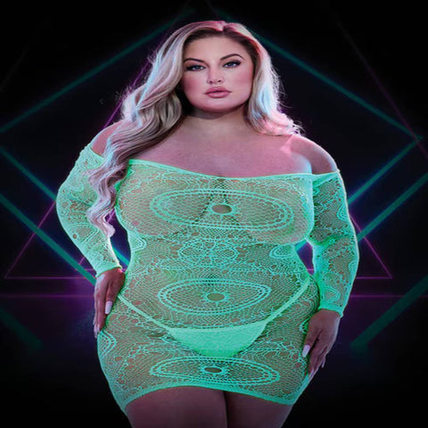 Lapdance Lingerie Glow In The Dark Mini Dress with Off the Shoulder Sleeves - Babydolls and Chemises