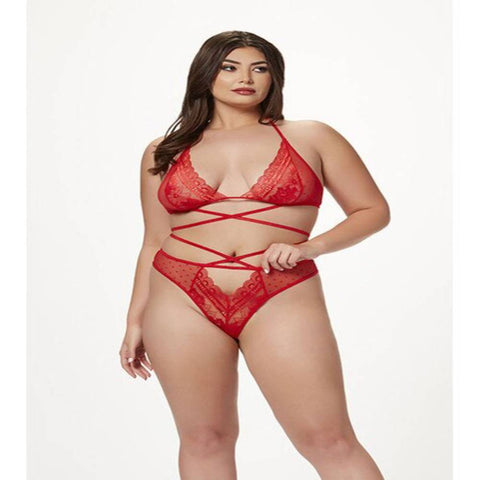 Seven Til Midnight 2 Piece Halter Bra And Criss Cross Panty Set Red - Bras and Bra Sets