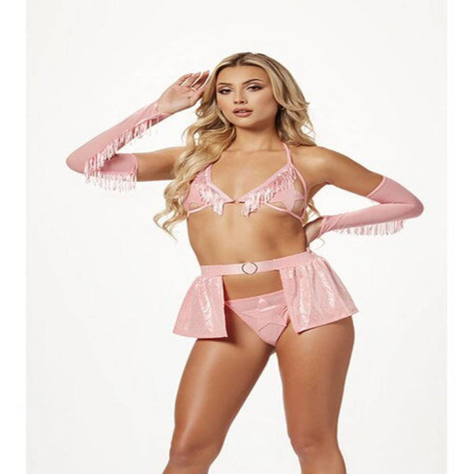 Seven Til Midnight 4 Piece Cowgirl Costume Set With Halter Bra Thong Panty Garter Skirt And Fingerless Gloves Rose Fancy Dress Ups