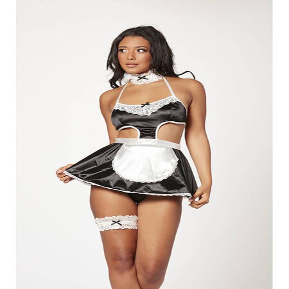 Seven Til Midnight 4 Piece French Maid Costume Dress Thong Panty Lace Choker and Thigh Garter Black Fancy Dress Ups