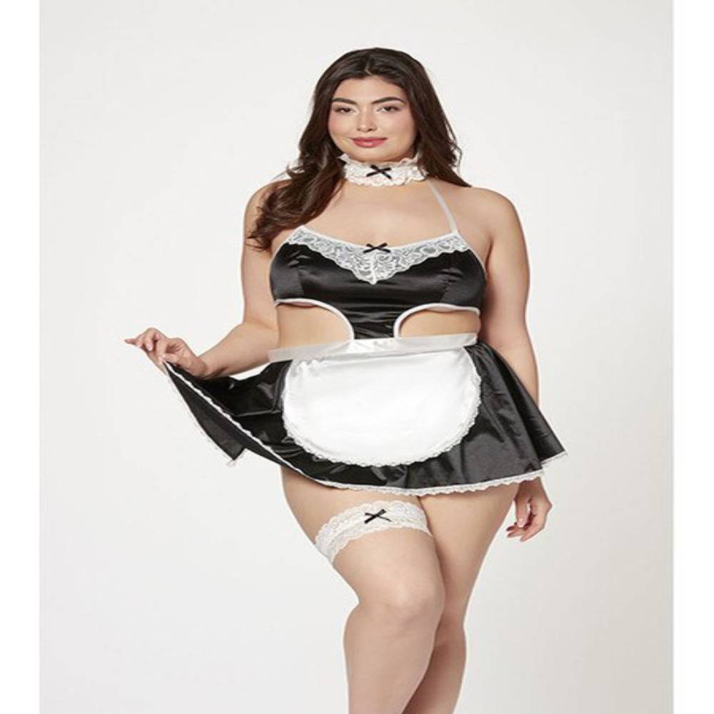 Seven Til Midnight 4 Piece French Maid Costume Dress Thong Panty Lace Choker and Thigh Garter Black Fancy Dress Ups