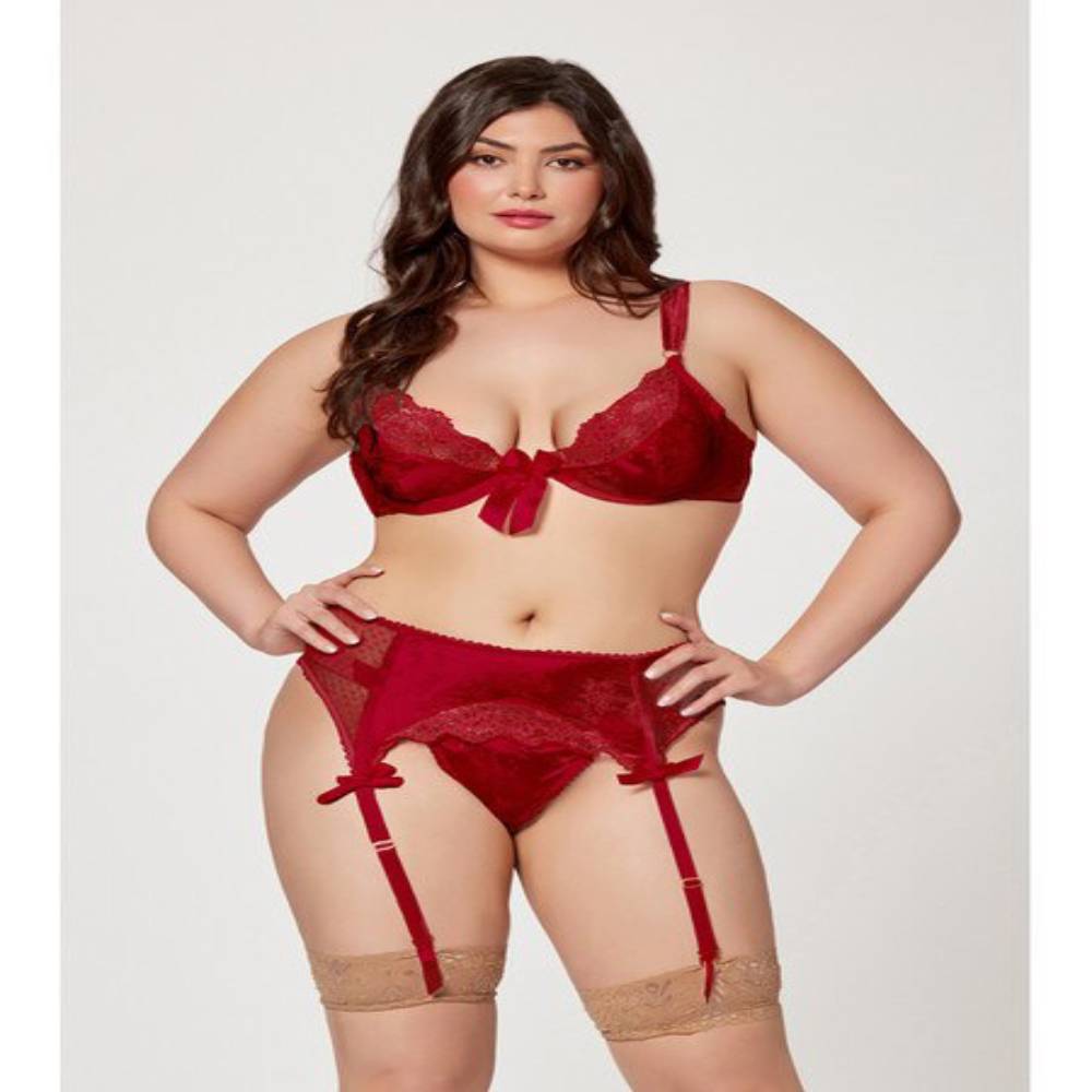 Seven Til Midnight 3 Piece Jacquard Bra Garter Belt And Panty Set Wine Bras and Bra Sets