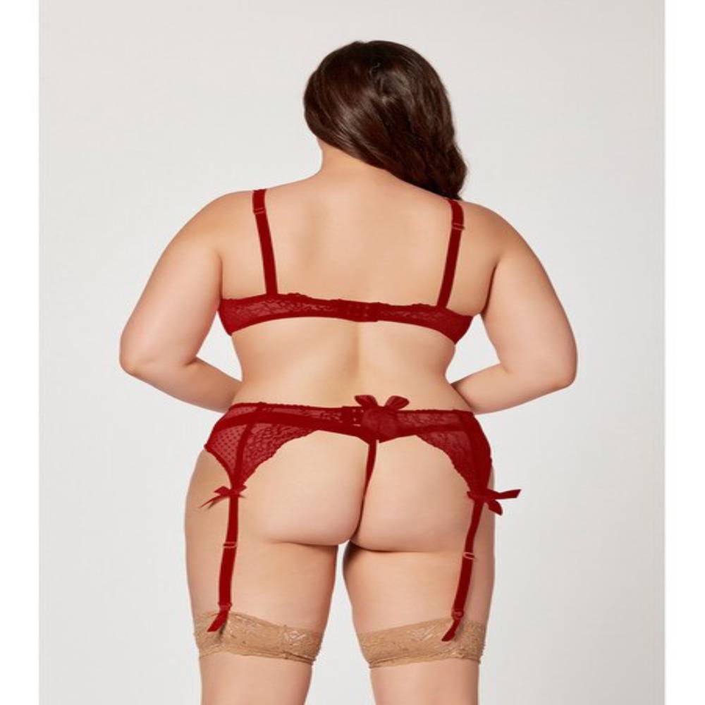 Seven Til Midnight 3 Piece Jacquard Bra Garter Belt And Panty Set Wine Bras and Bra Sets