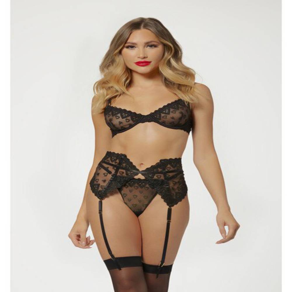 Seven Til Midnight Three Piece Bra Garter And Panty Set Black Bras and Bra Sets