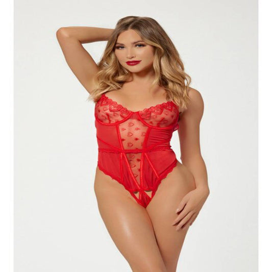 Seven Til Midnight Heart Mesh Womens Teddy Red - Teddies and Bodysuits