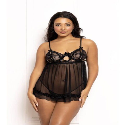 Seven Til Midnight Two Piece Ditsy Floral And Mesh Babydoll Set With Split Cups Black - Babydolls and Chemises