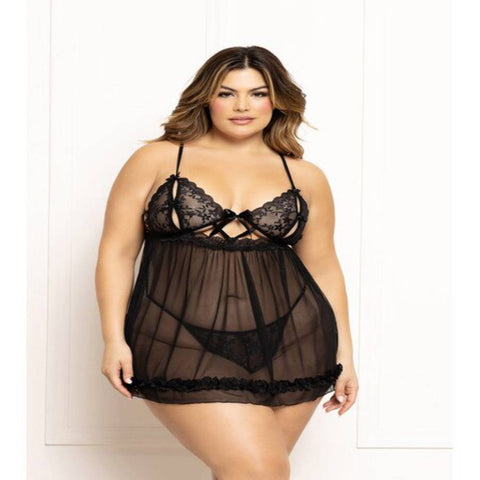 Seven Til Midnight Two Piece Ditsy Floral And Mesh Babydoll Set With Split Cups Black - Babydolls and Chemises