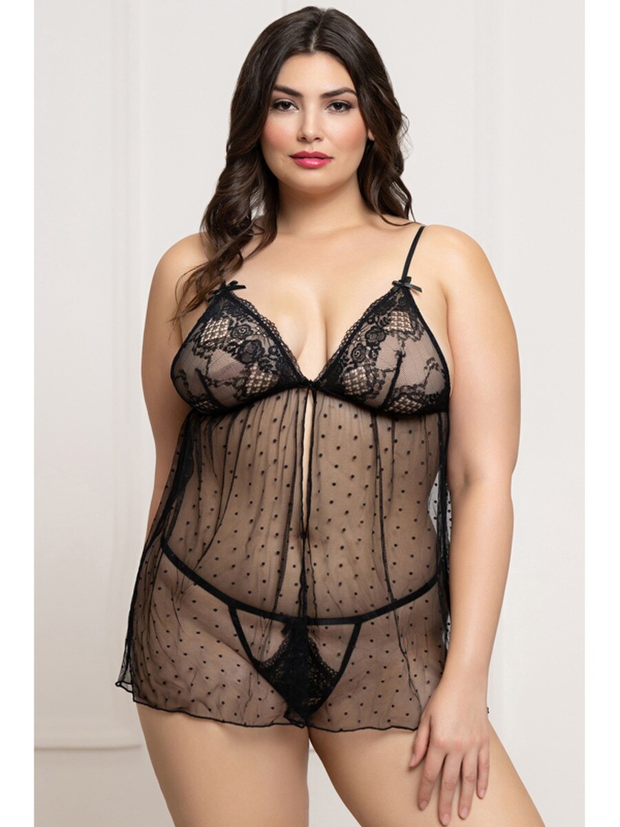 Seven 'til Midnight 2 Piece Lace and Dot Mesh Babydoll Set BabyDolls And Chemises