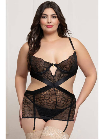 Seven 'til Midnight 2 Piece Lace and Satin Chemise Set Black - BabyDolls And Chemises