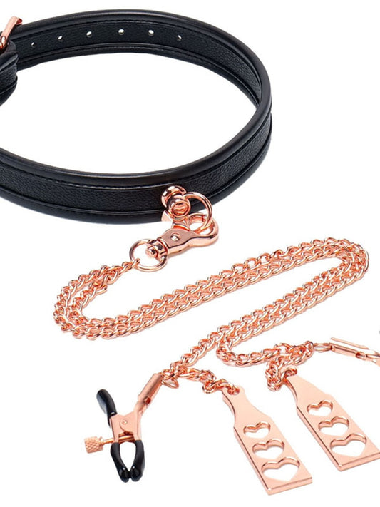 BMS Factory Punishment Rose Gold Choker and Nipple Clamps Gold Collars and Leads