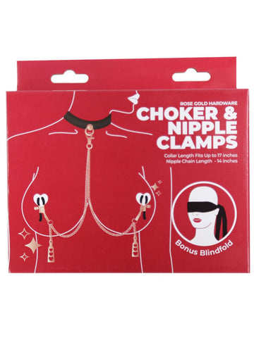 BMS Factory Punishment Rose Gold Choker and Nipple Clamps - Collars and Leads