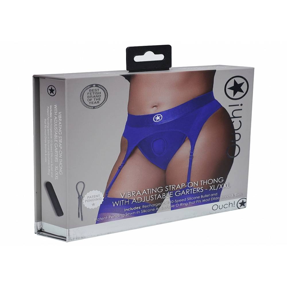 Ouch! Vibrating Strap-on Thong with Adjustable Garters Royal Blue Strap On Sextoys