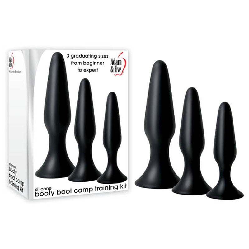 Adam and Eve Silicone Booty Boot Camp 3 Size Anal Training Kit Black Butt Plugs