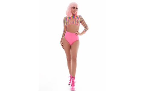 Pink Lipstick Rainbow Shrug Bikini Top Hot Pants Net Set Including Pasties - Teddies and Bodysuits