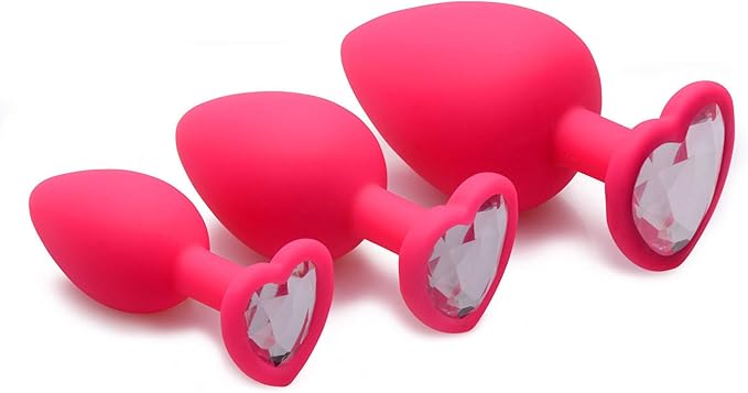 Frisky Pink Hearts Silicone Anal Plugs with Gem Accents 3 Piece Butt Plugs