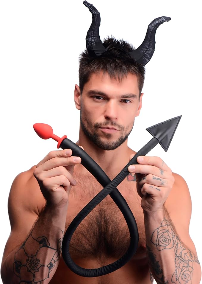 Tailz Devil Tail Anal Plug and Horn Set Black Butt Plugs