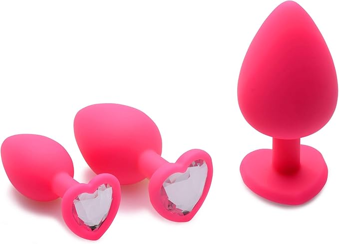 Frisky Pink Hearts Silicone Anal Plugs with Gem Accents 3 Piece Butt Plugs