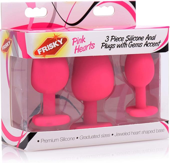 Frisky Pink Hearts Silicone Anal Plugs with Gem Accents 3 Piece Butt Plugs