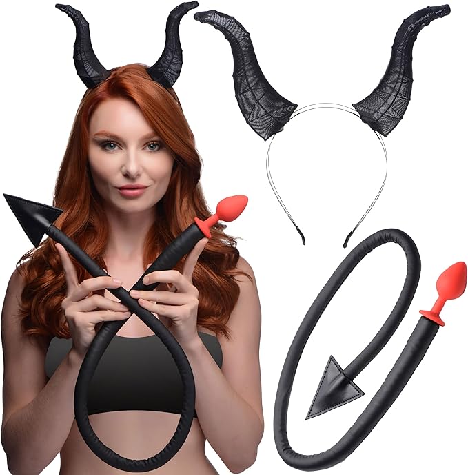 Tailz Devil Tail Anal Plug and Horn Set Black Butt Plugs