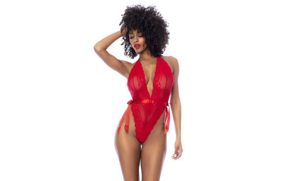 Mapale Womens Lace Bodysuit with Side Ties Red Teddies and Bodysuits