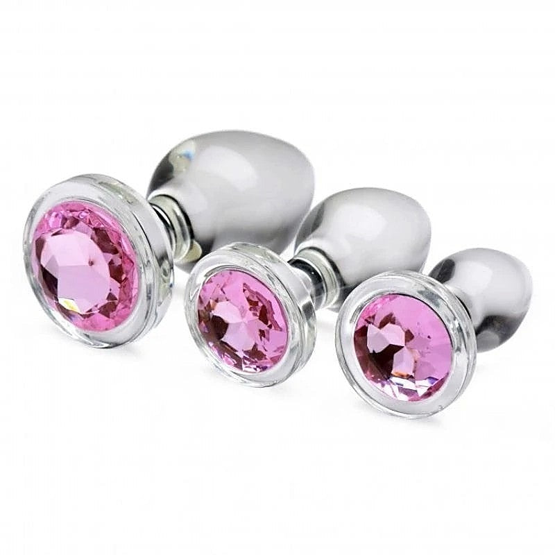 Radiant Indulgence - Crystal Clear Glass Anal Plug with Pink Gem Ends - Butt Plugs