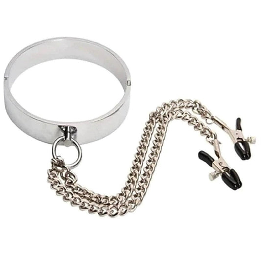 Breast Teasing Metal Collar & Peg Clamps - Collars and Leads