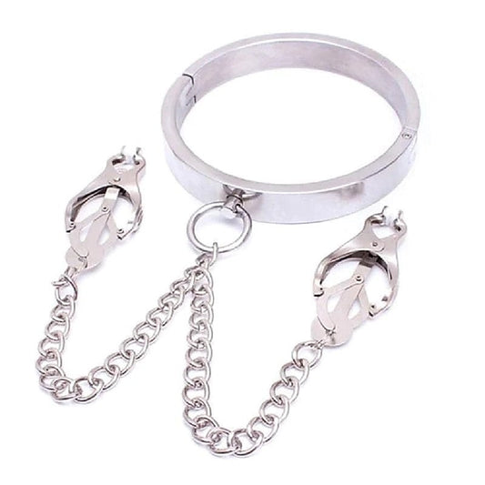 Dominate Your Desires - Breast Teasing Metal Collar & Clover Clamps - Collars and Leads