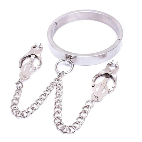 Dominate Your Desires - Breast Teasing Metal Collar & Clover Clamps - Collars and Leads