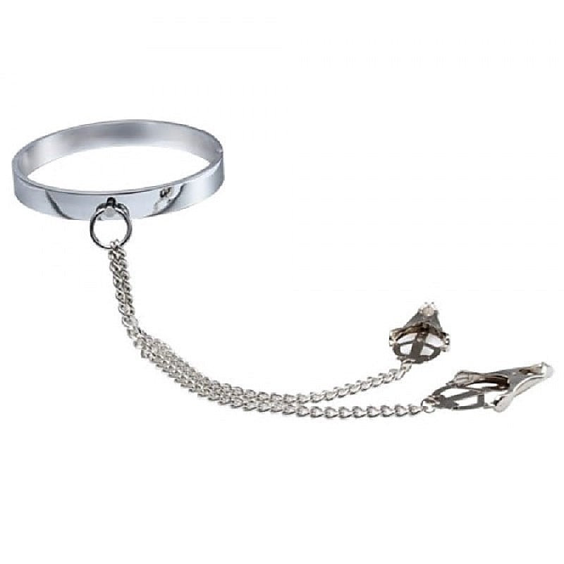Dominate Your Desires - Breast Teasing Metal Collar & Clover Clamps - Collars and Leads