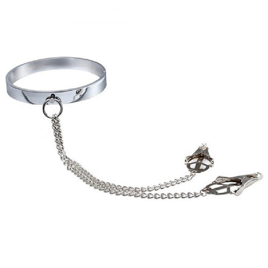 Dominate Your Desires - Breast Teasing Metal Collar & Clover Clamps - Collars and Leads