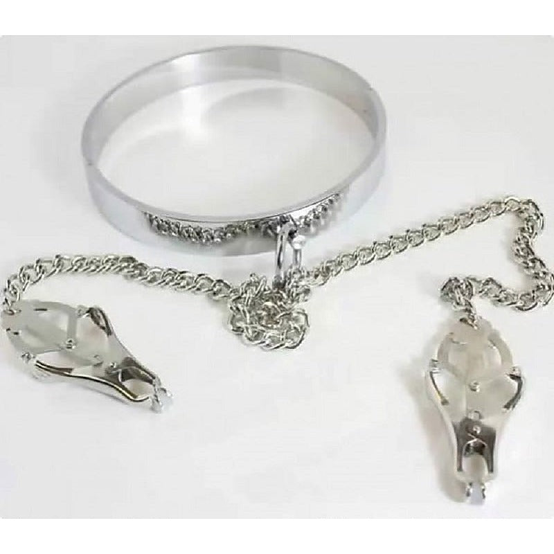 Dominate Your Desires - Breast Teasing Metal Collar & Clover Clamps - Collars and Leads
