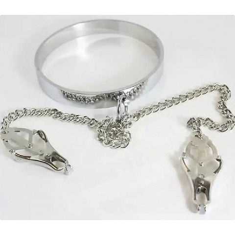 Dominate Your Desires - Breast Teasing Metal Collar & Clover Clamps - Collars and Leads