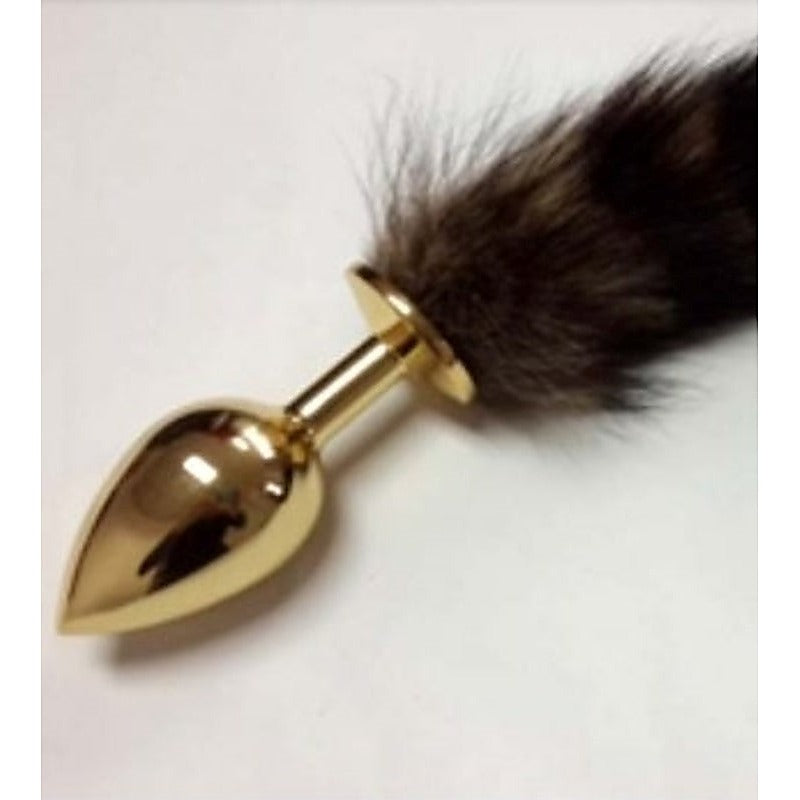 Brown Faux Fox Tail Gold Smooth Butt Plug - Steel Sex Toys