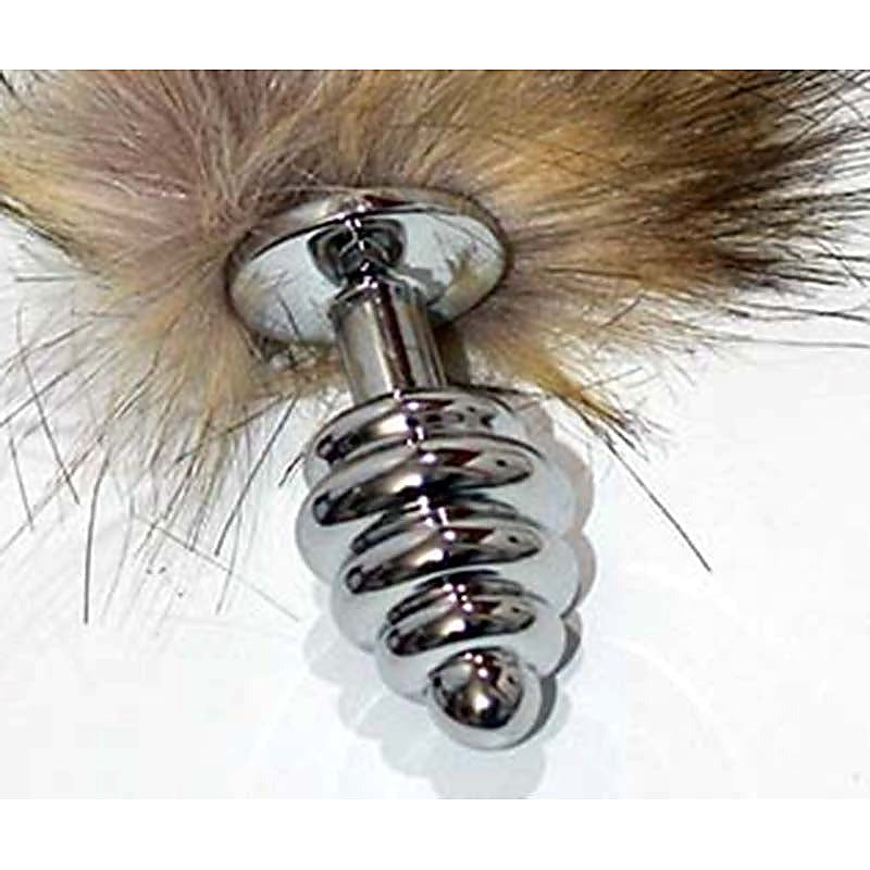 Black & Blonde Faux Fox Tail Butt Plug Silver Ribbed Fox Tail - Steel Sex Toys