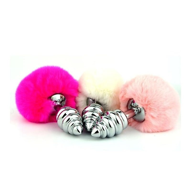 Bunny Tail Silver Ribbed Butt Plug by BDStyle - Realistic Dildos