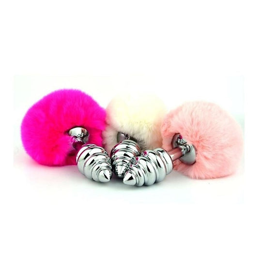 Bunny Tail Silver Ribbed Butt Plug